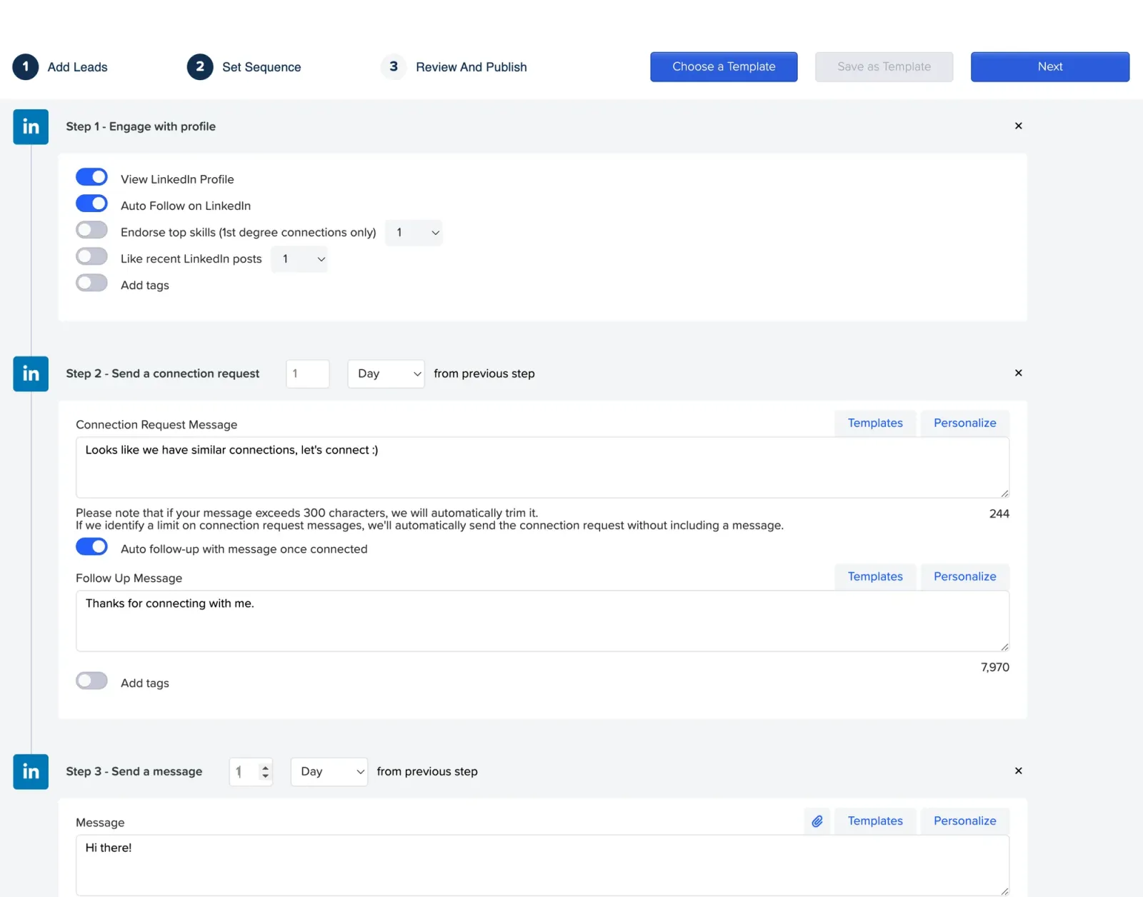 Le créateur de séquences de Meet Alfred : interaction avec le profil, invitation, puis message (mai 2024)