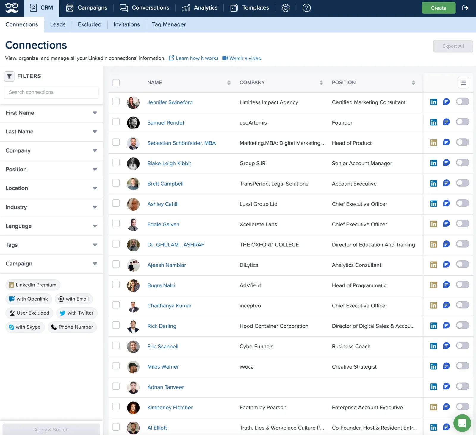 Le CRM LinkedIn de Meet Alfred avec ses filtres et le bouton d'exclusion (mai 2024)