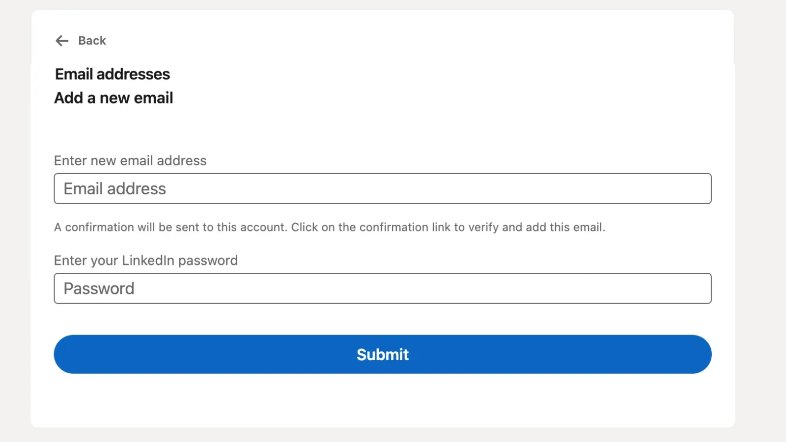 El formulario para añadir un correo nuevo en LinkedIn (interfaz en inglés)