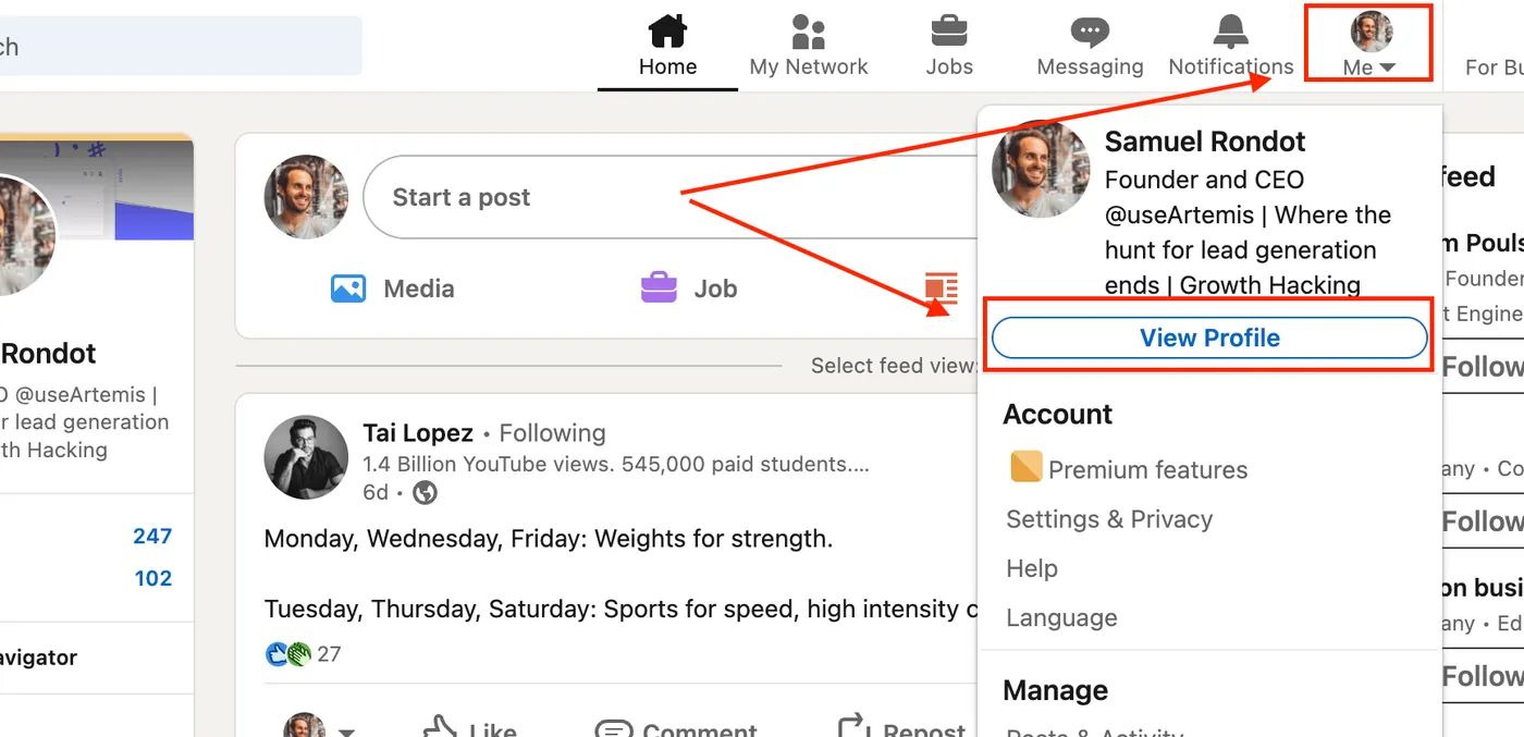 LinkedIn Me menu with the View Profile button