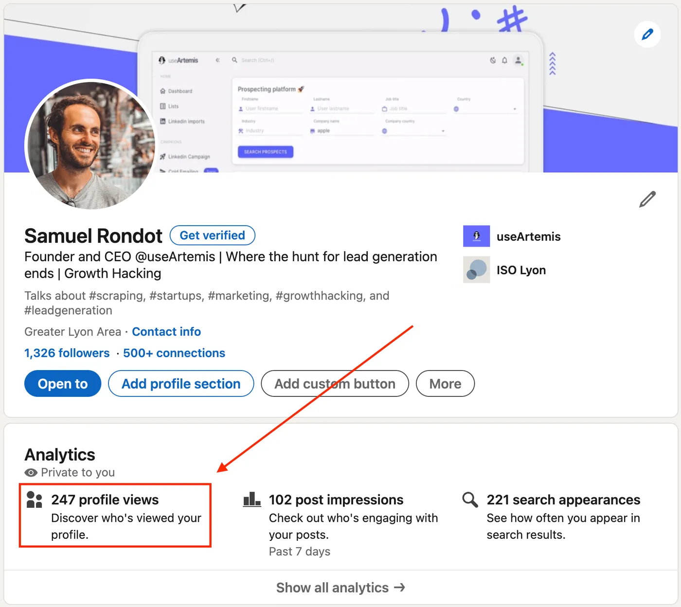 Analytics section of a LinkedIn profile with the profile views count