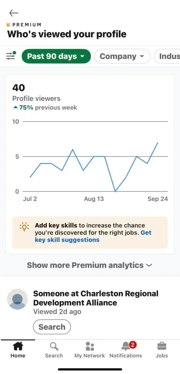 Who's viewed your profile on mobile showing a semi-private viewer described as Someone at a company