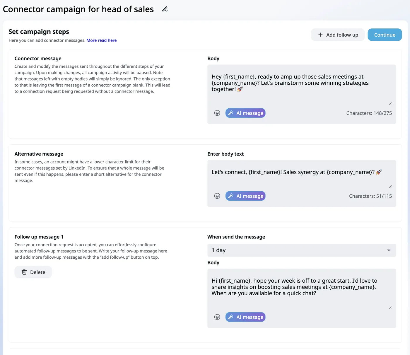 Expandi connector campaign editor with AI message button