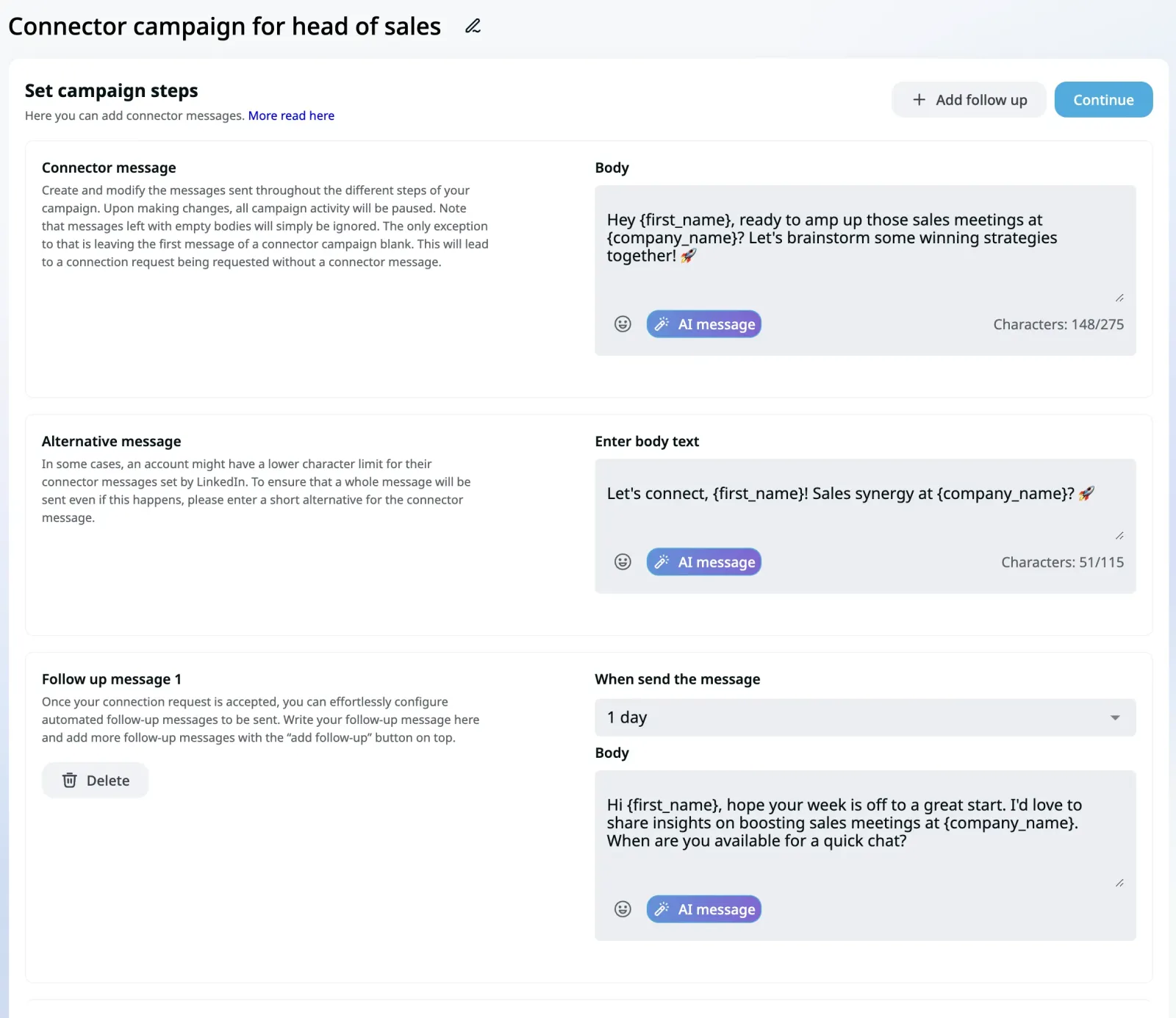 Editor de campañas Connector de Expandi con el botón AI message