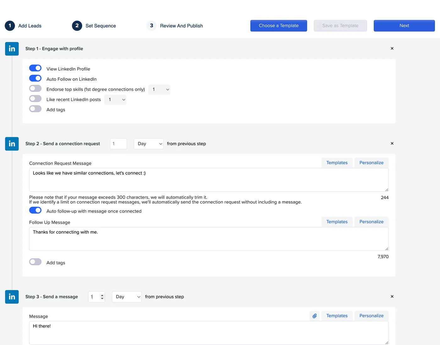Meet Alfred's sequence builder: engage with profile, connection request, then message (May 2024)