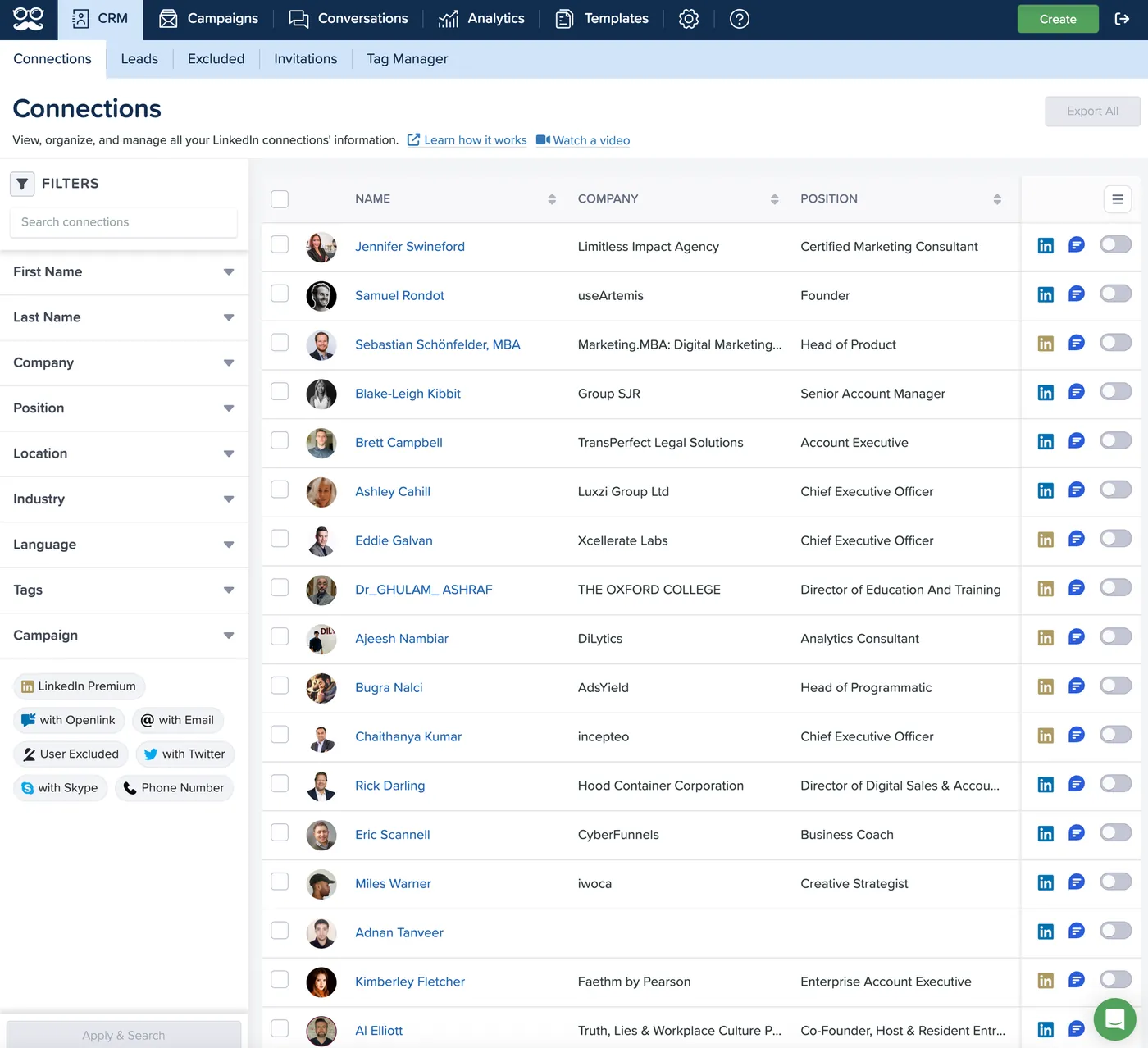 Meet Alfred's LinkedIn CRM with filters and the exclude toggle (May 2024)