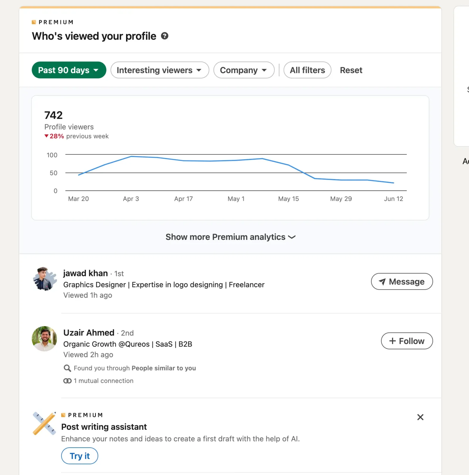 Página «Quién ha visto tu perfil» con visitantes que tenían la sesión iniciada