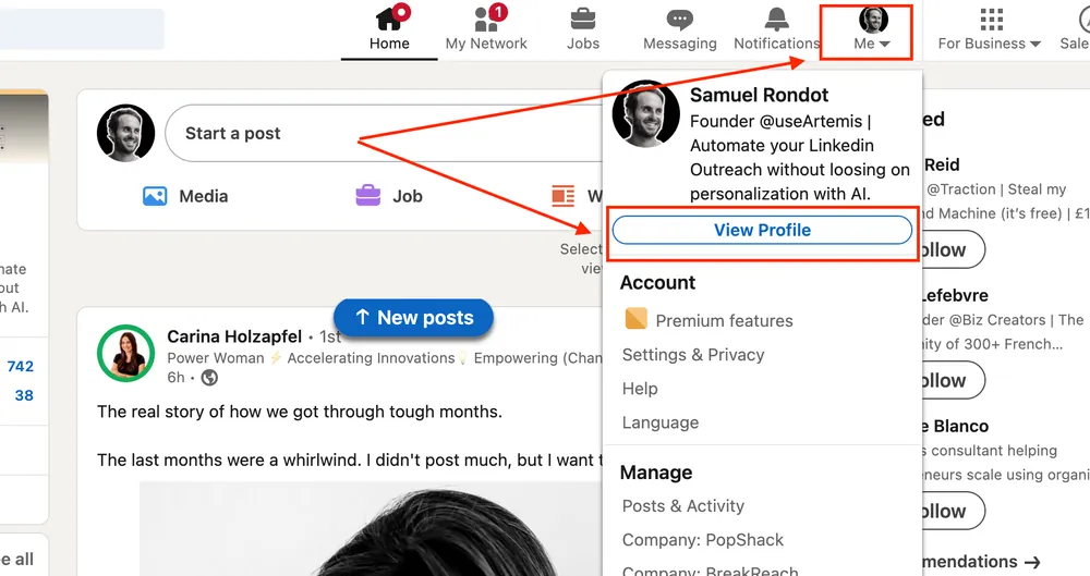 LinkedIn Me menu with the View Profile button
