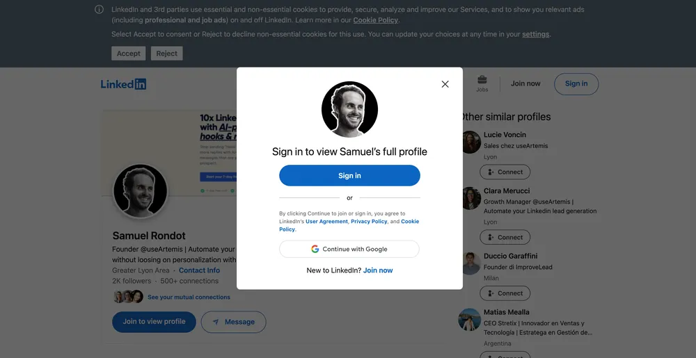 LinkedIn sign-in pop-up displayed over a profile to a visitor who isn't logged in
