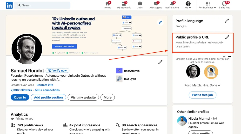 Public profile & URL section in the right pane of a LinkedIn profile