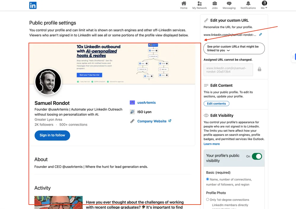 LinkedIn public profile settings page with the public preview on the left and visibility controls on the right