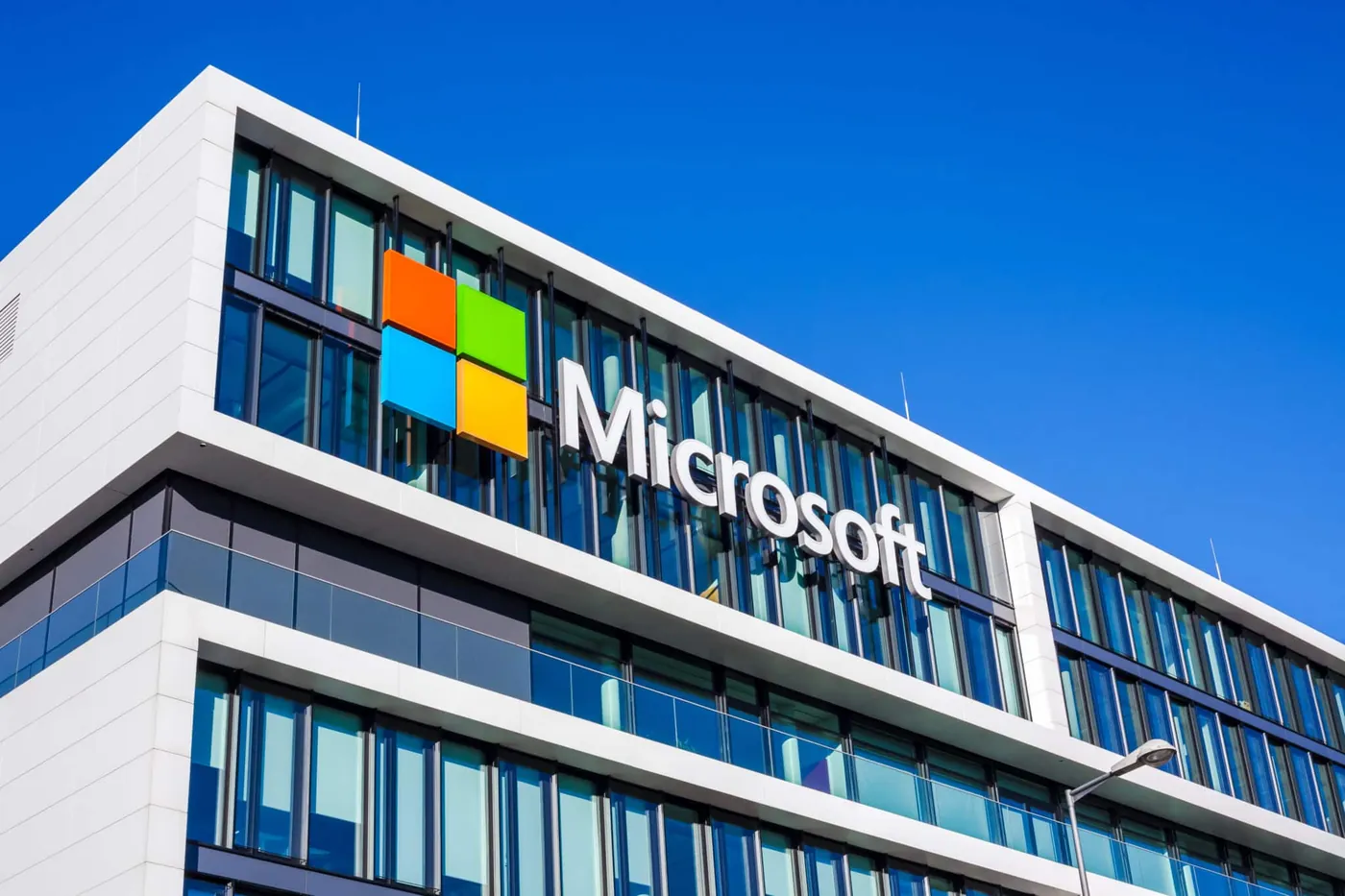 Microsoft headquarters building with the Microsoft logo