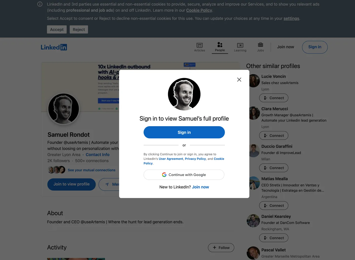 LinkedIn "Sign in to view the full profile" pop-up shown to a visitor who isn't logged in