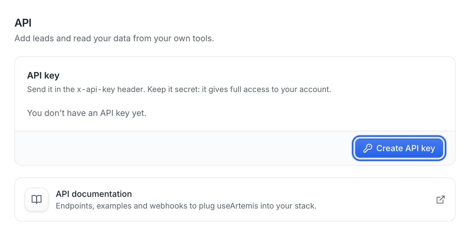 Settings › API before any key exists: You don't have an API key yet, with the Create API key button