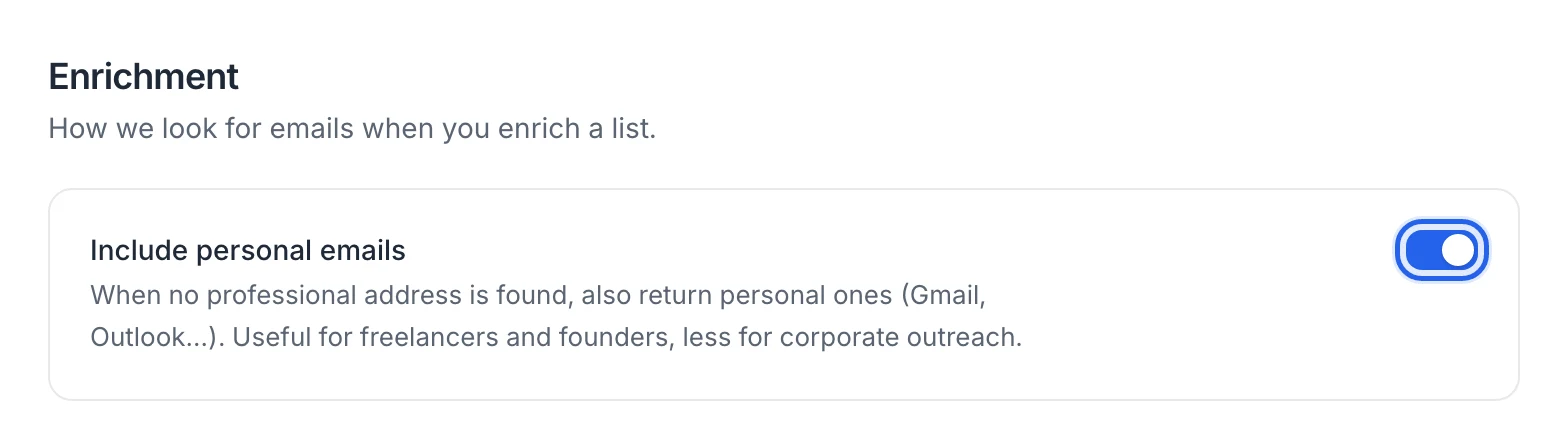 Settings › Enrichment with the Include personal emails switch turned on