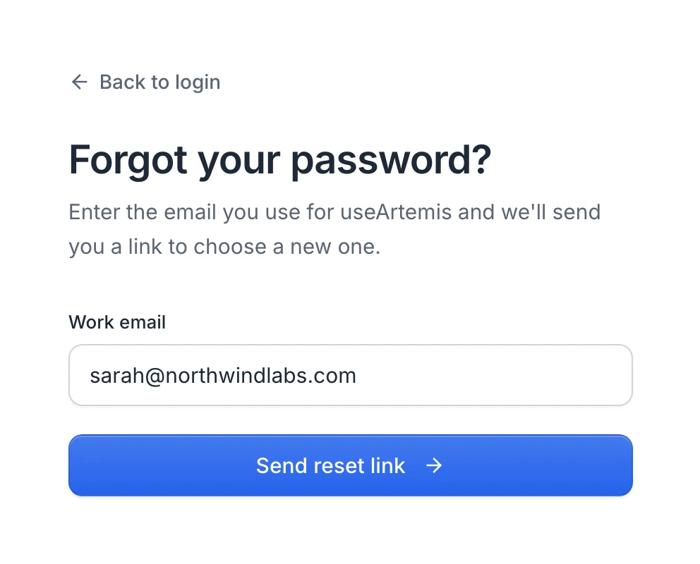The Forgot your password? page with the Work email field and Send reset link