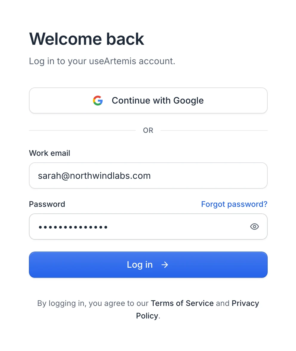 The login page with Continue with Google, Work email, Password, Forgot password? and Log in