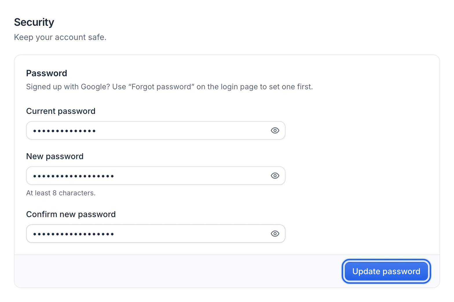 Settings › Security: the Password card with Current password, New password, Confirm new password and Update password