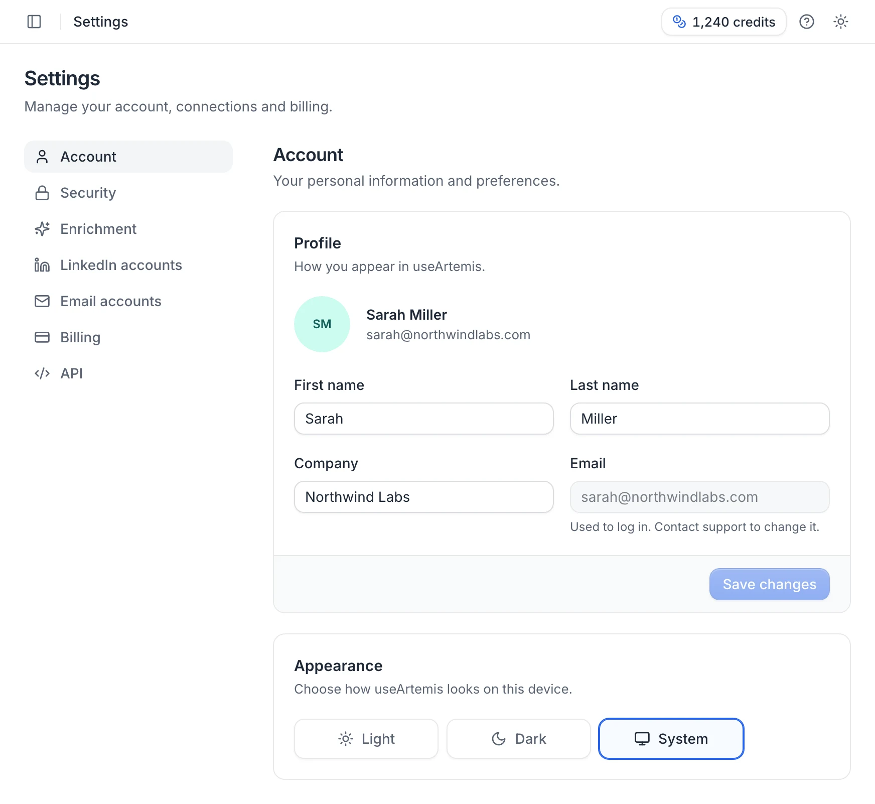 Settings › Account: the Settings tabs on the left, the Profile card with First name, Last name, Company and Email, and the Appearance card