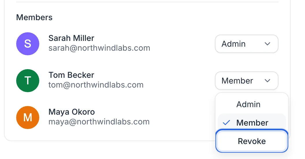 A member's menu open on the Team settings page, with Admin, Member and Revoke