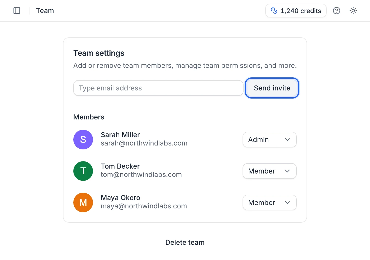 The Team settings page: the email field with Send invite, and the Members list with each member's role