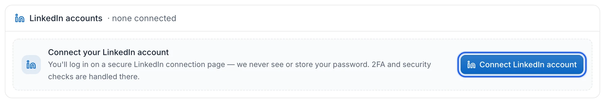 The LinkedIn accounts card with no account connected and the Connect LinkedIn account button