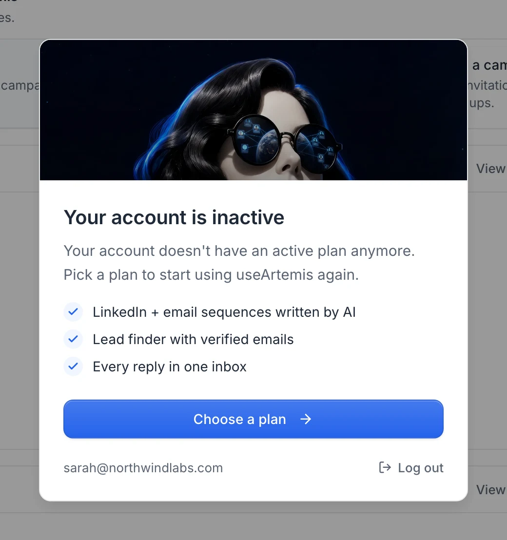The Your account is inactive window with Choose a plan and Log out