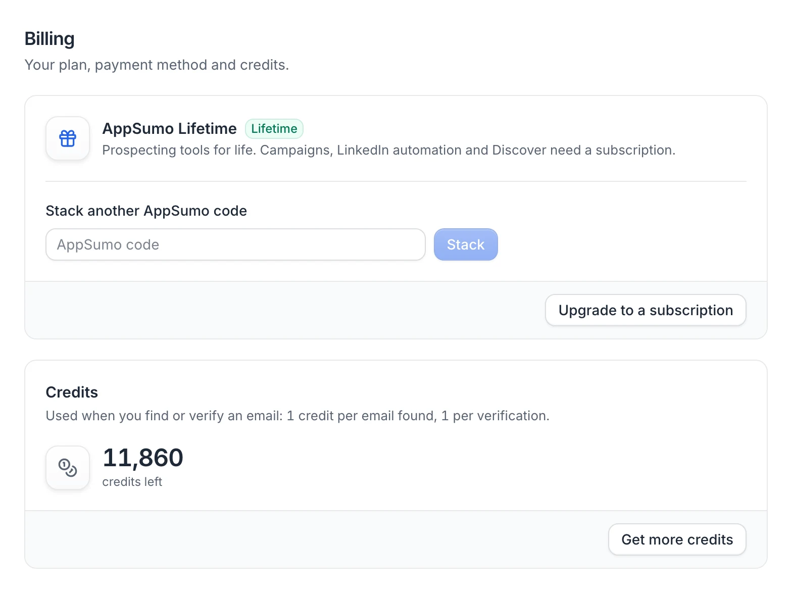 Settings › Billing on AppSumo Lifetime: the plan card with the Stack another AppSumo code field, and the Credits card