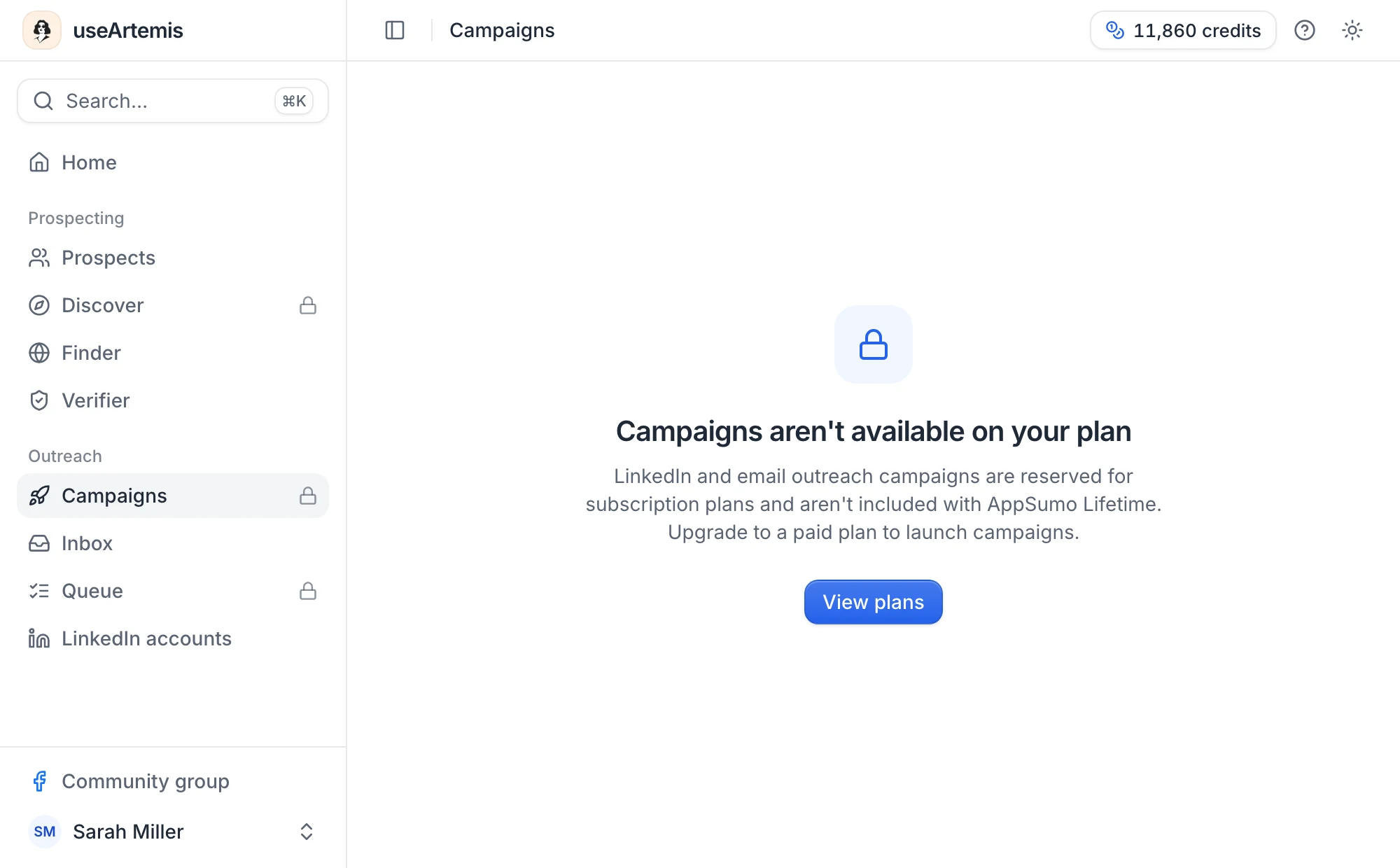 The sidebar of an AppSumo Lifetime account with locks on Discover, Campaigns and Queue, and the Campaigns aren't available on your plan page