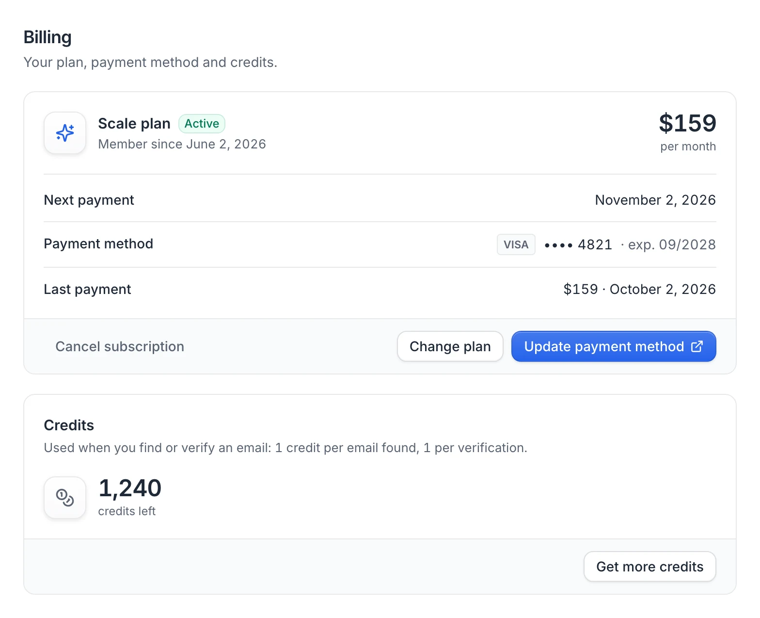 Settings › Billing: the plan card and the Credits card with the credits left and Get more credits