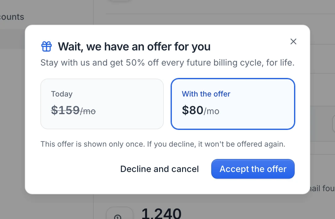 The Wait, we have an offer for you window: today's price, the price with the offer, Decline and cancel and Accept the offer