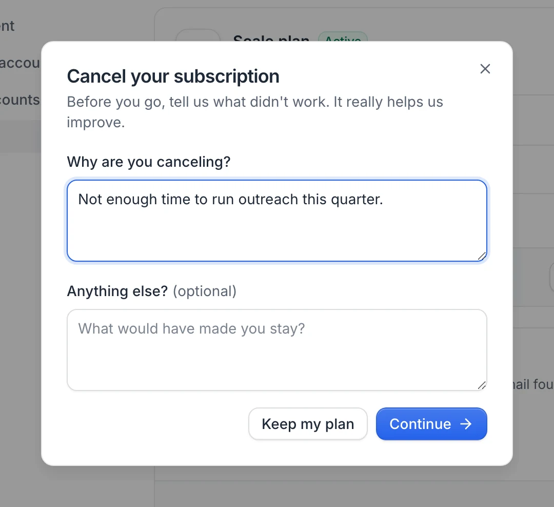 The Cancel your subscription window with the Why are you canceling? and Anything else? fields, Keep my plan and Continue
