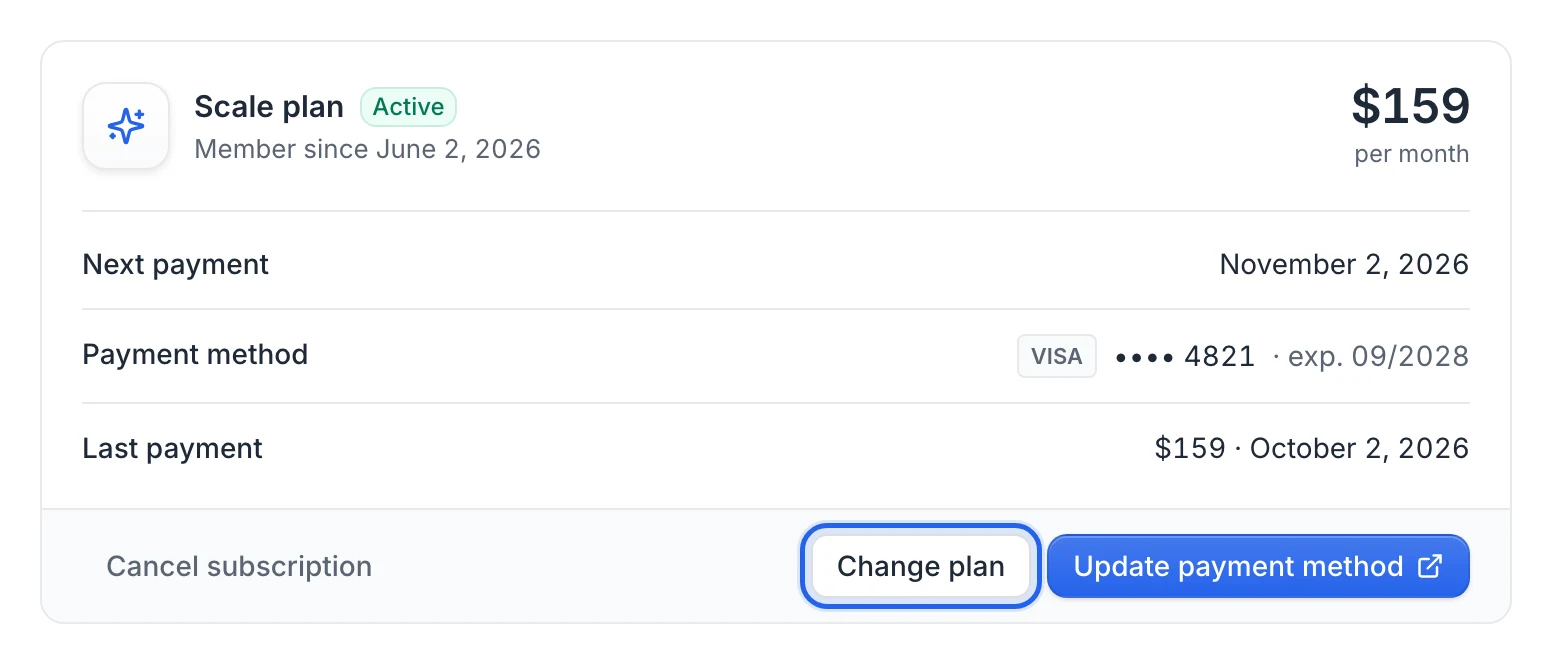 The plan card in Settings › Billing with the Change plan button