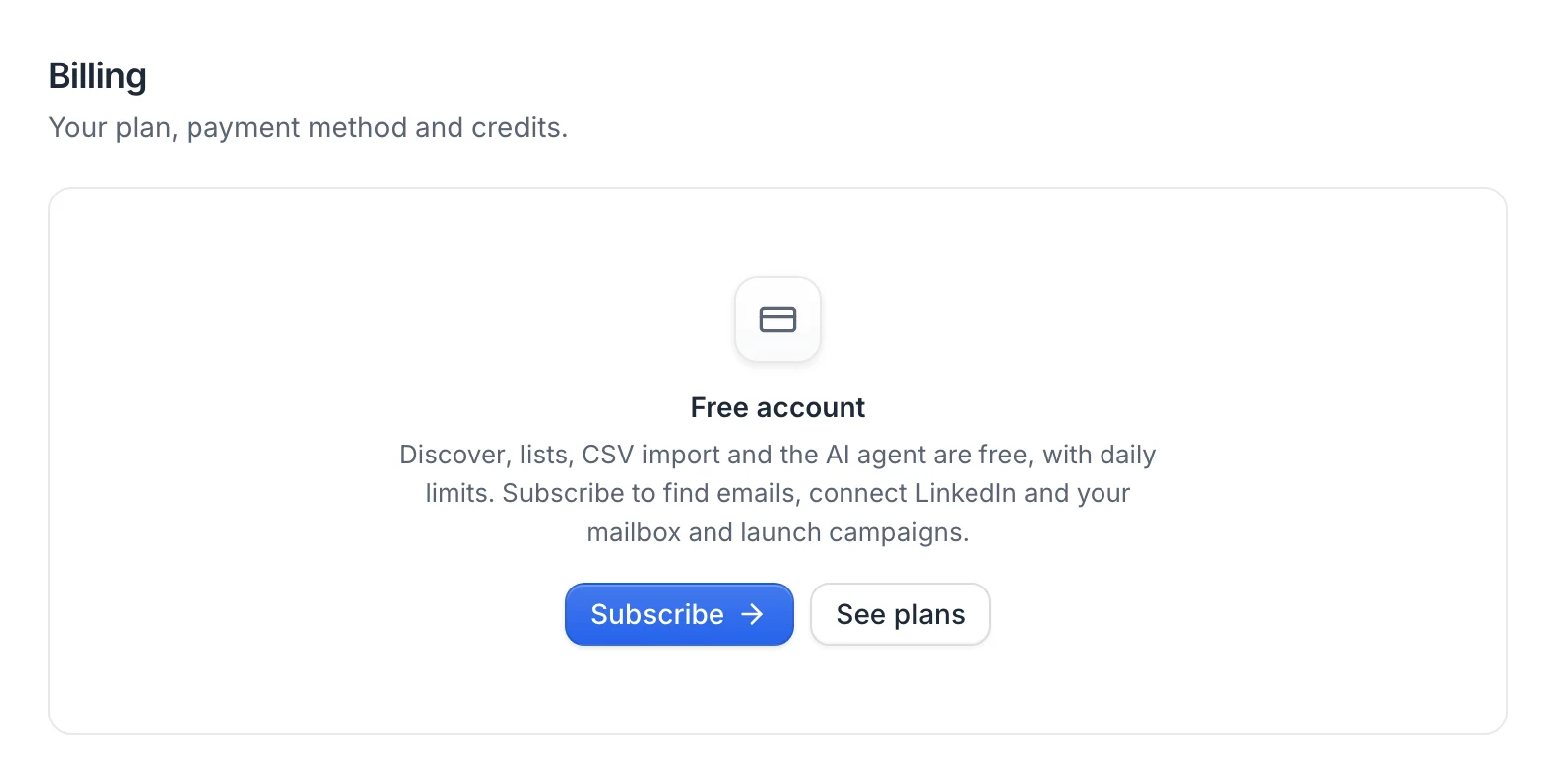 Settings › Billing on a free account: the Free account card with Subscribe and See plans