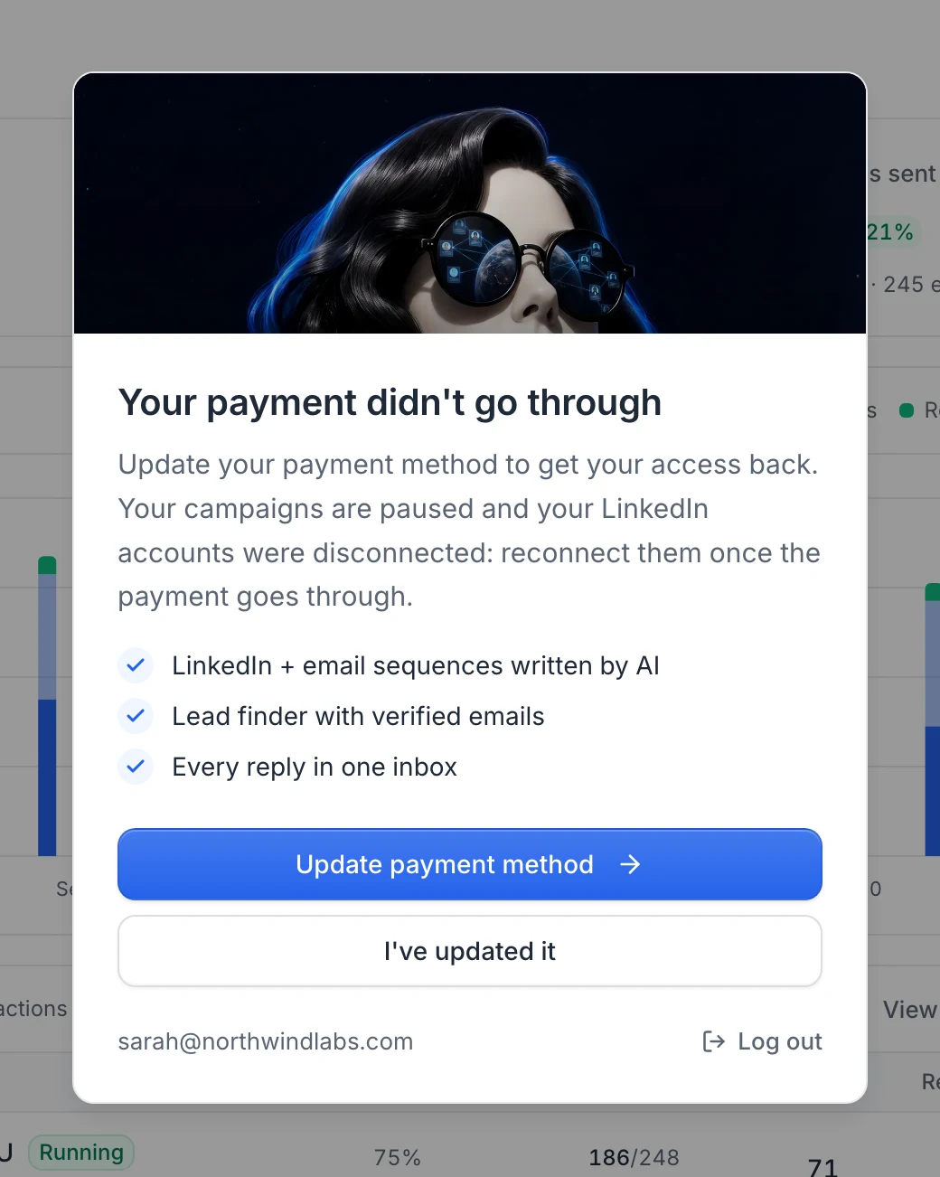 The Your payment didn't go through window with Update payment method and I've updated it