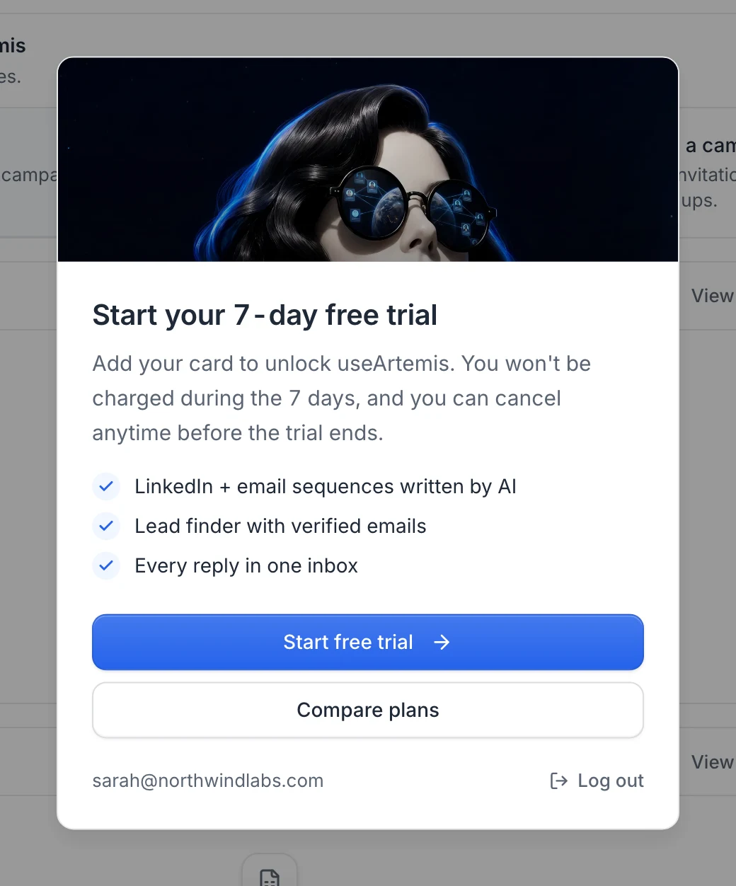 The Start your 7-day free trial window, with Start free trial and Compare plans