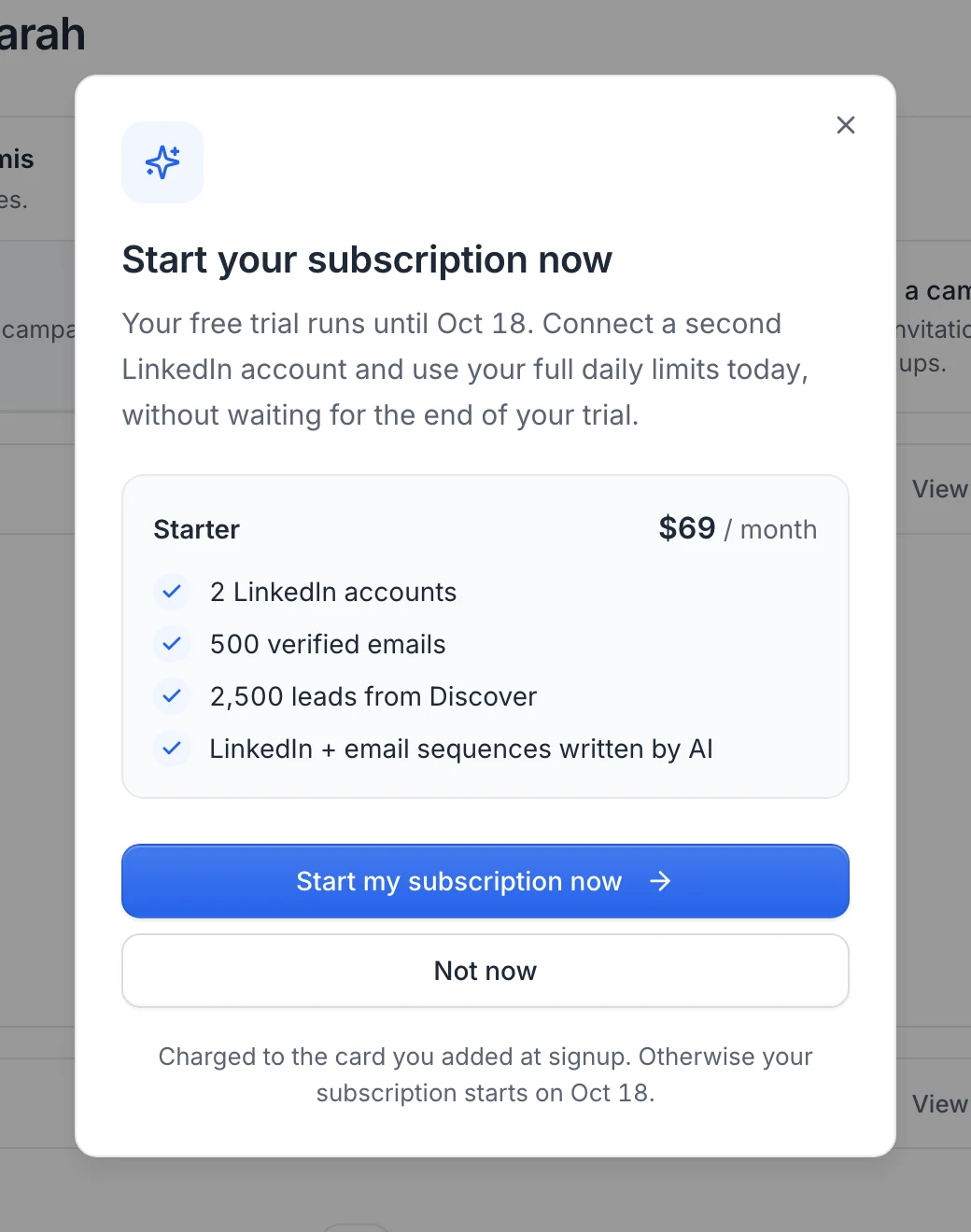 The Start your subscription now window: Starter plan at $69 per month, Start my subscription now and Not now