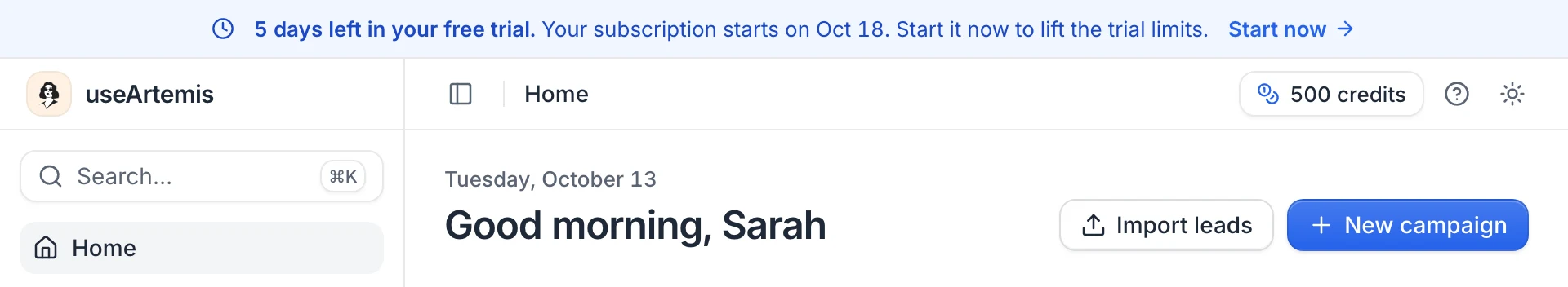 The free trial bar above the app: 5 days left, the date the subscription starts and Start now
