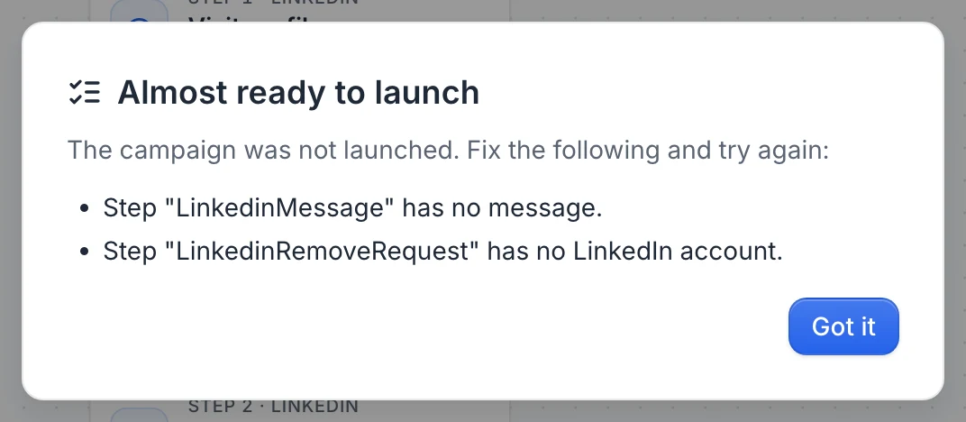 The Almost ready to launch window listing two problems, with the Got it button