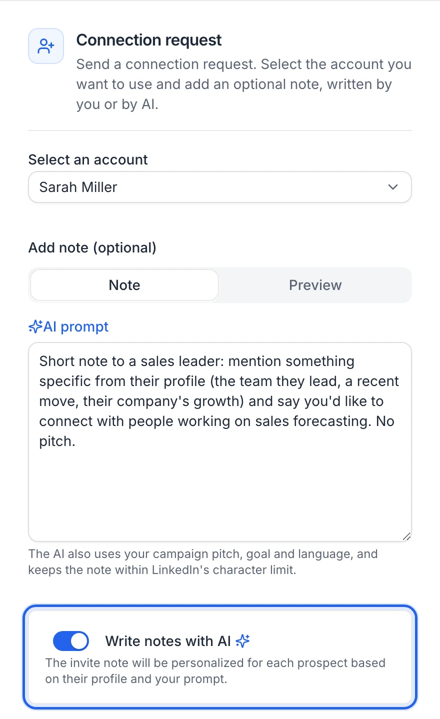 A Connection request step: the account, the AI prompt of the note and the Write notes with AI switch turned on