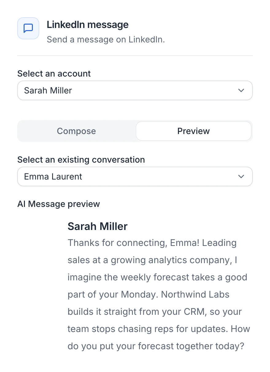 The Preview tab of an AI message step: a conversation selected and the AI message preview written for that lead