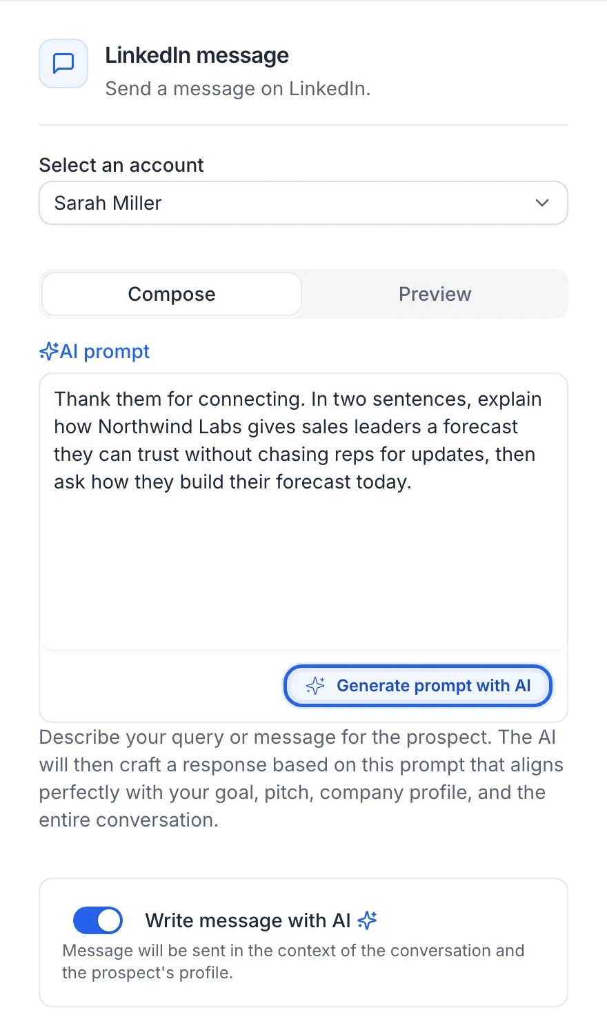 A LinkedIn message step written by AI: the AI prompt, the Generate prompt with AI button and the Write message with AI switch