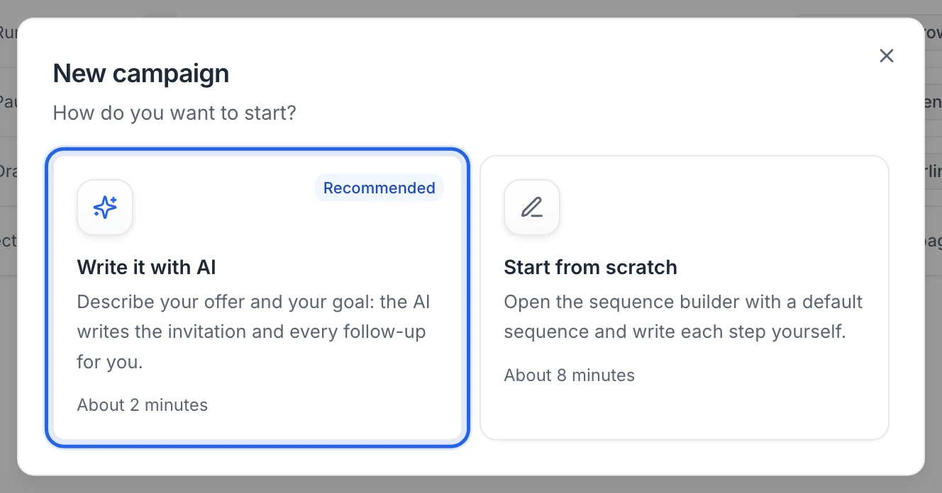 The New campaign window: Write it with AI (recommended, about 2 minutes) and Start from scratch (about 8 minutes)