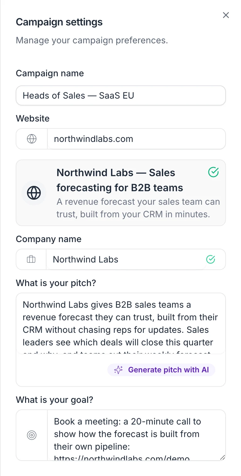 Campaign settings: campaign name, website with its preview, company name, pitch with Generate pitch with AI, and goal