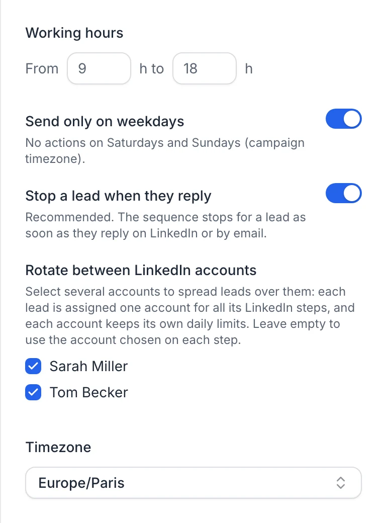 Campaign settings: working hours from 9h to 18h, Send only on weekdays, Stop a lead when they reply, Rotate between LinkedIn accounts with two accounts ticked, and the time zone