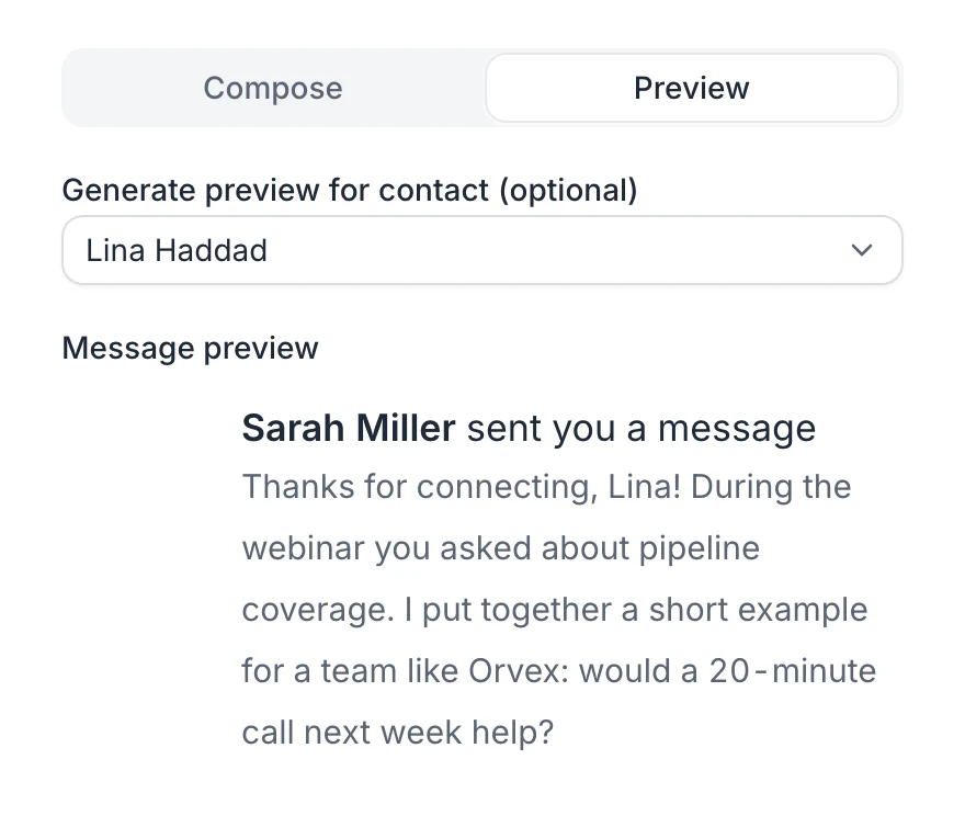 The Preview tab of a message: a lead picked under Generate preview for contact and the message with her first name, custom property and company filled in