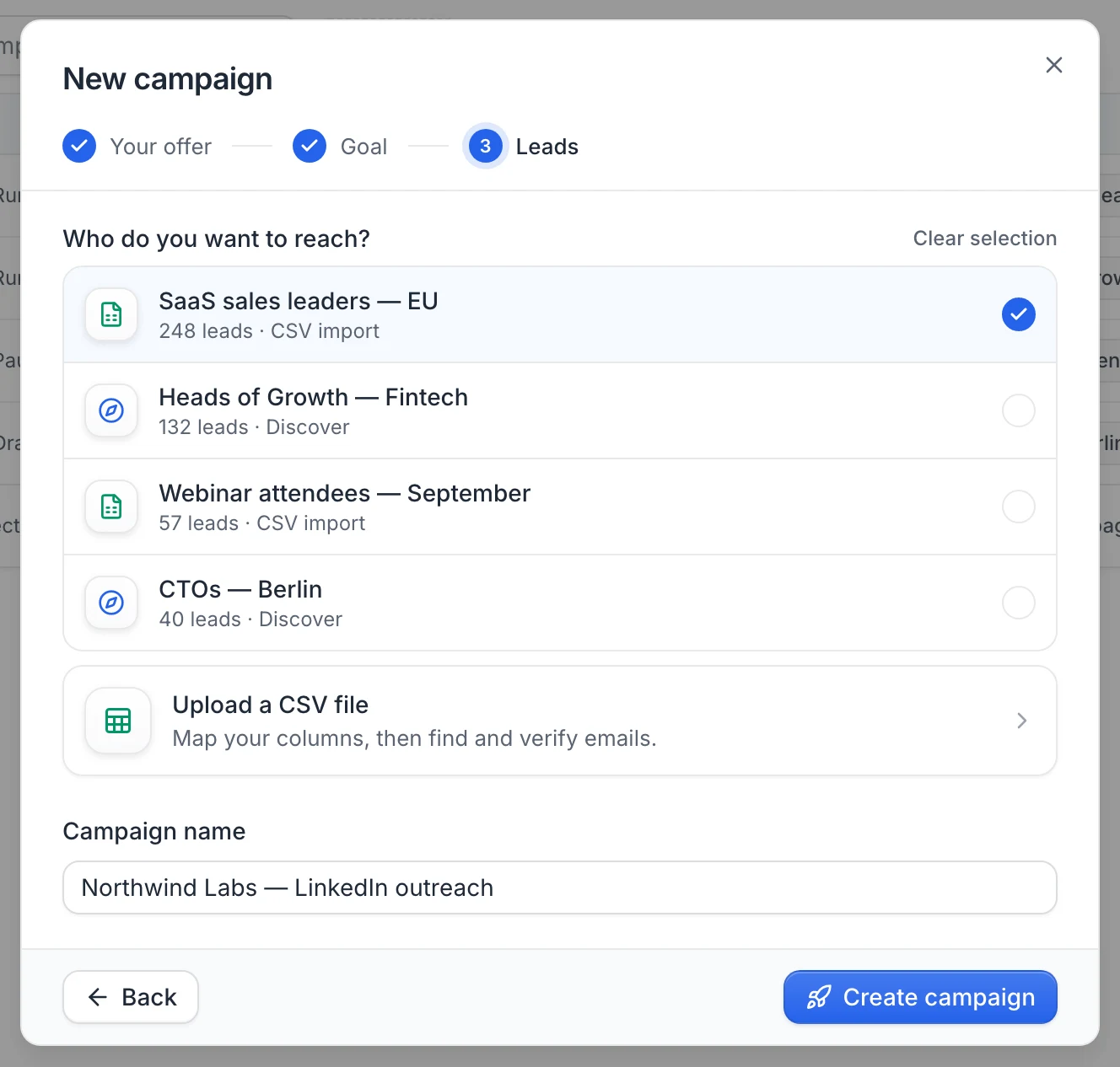 The Leads step of the wizard: a list selected, the Upload a CSV file option, the pre-filled campaign name and the Create campaign button