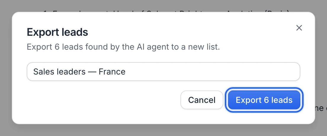The Export leads window with a list name and the Export 6 leads button