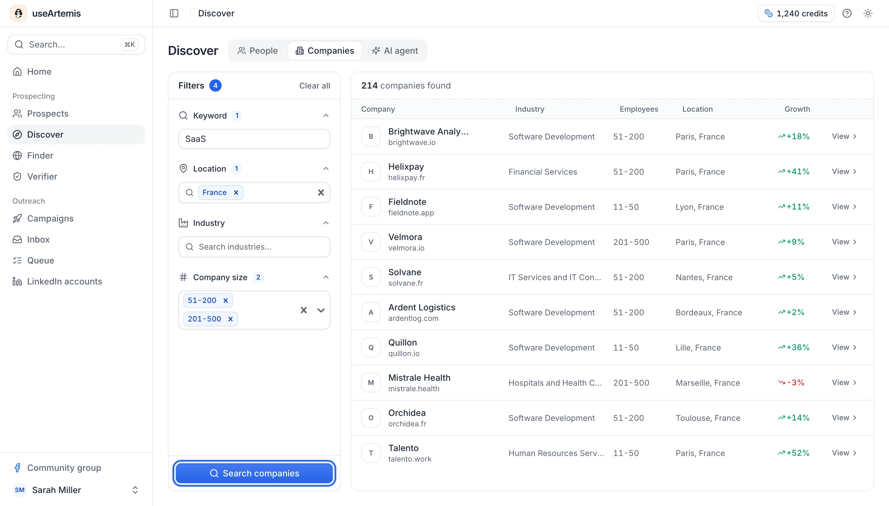 Discover, Companies tab: keyword, location and company size filters, and the companies found with their industry, employees, location and growth