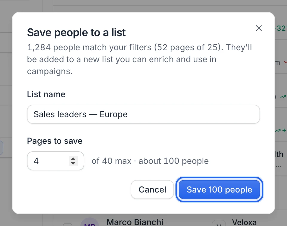 The Save people to a list window: a list name, 4 pages to save and the Save 100 people button